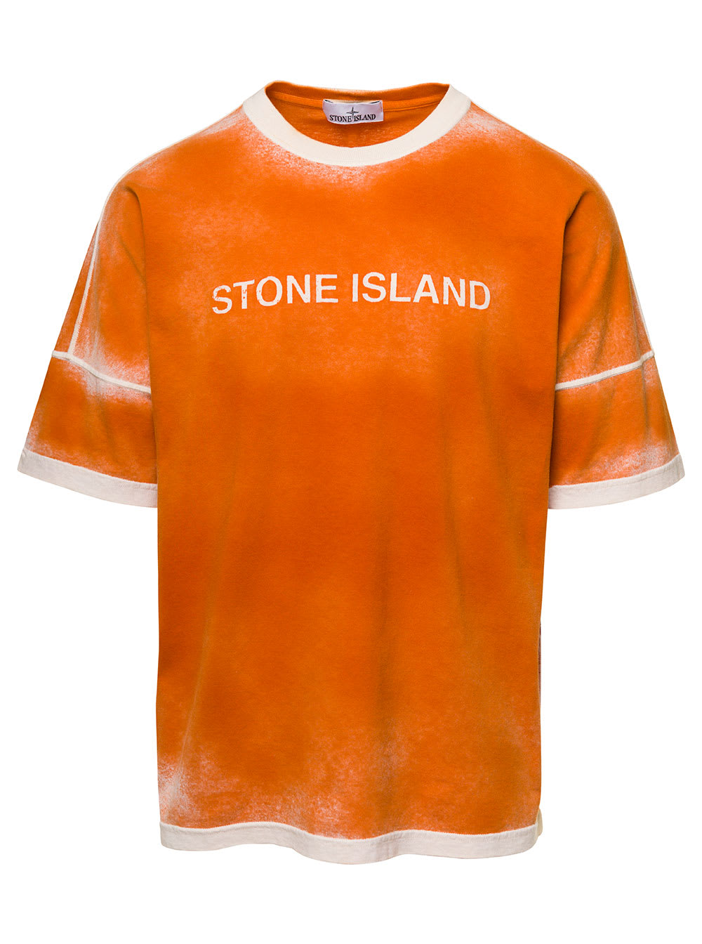 Stone Island Orange T-Shirt With Logo Print And Fade Effect In Cotton Man