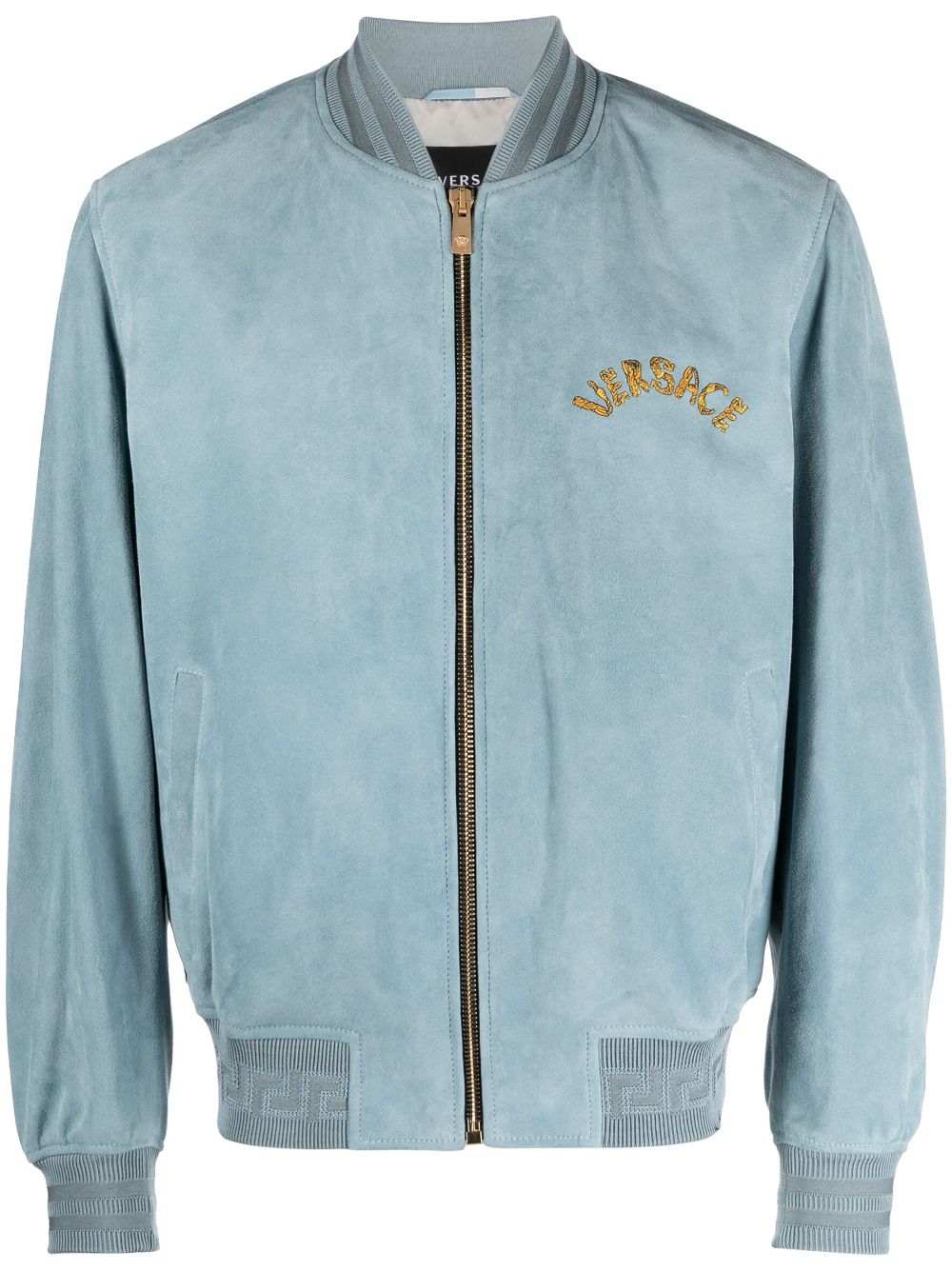 Versace logo-embroidered suede bomber jacket - Blue