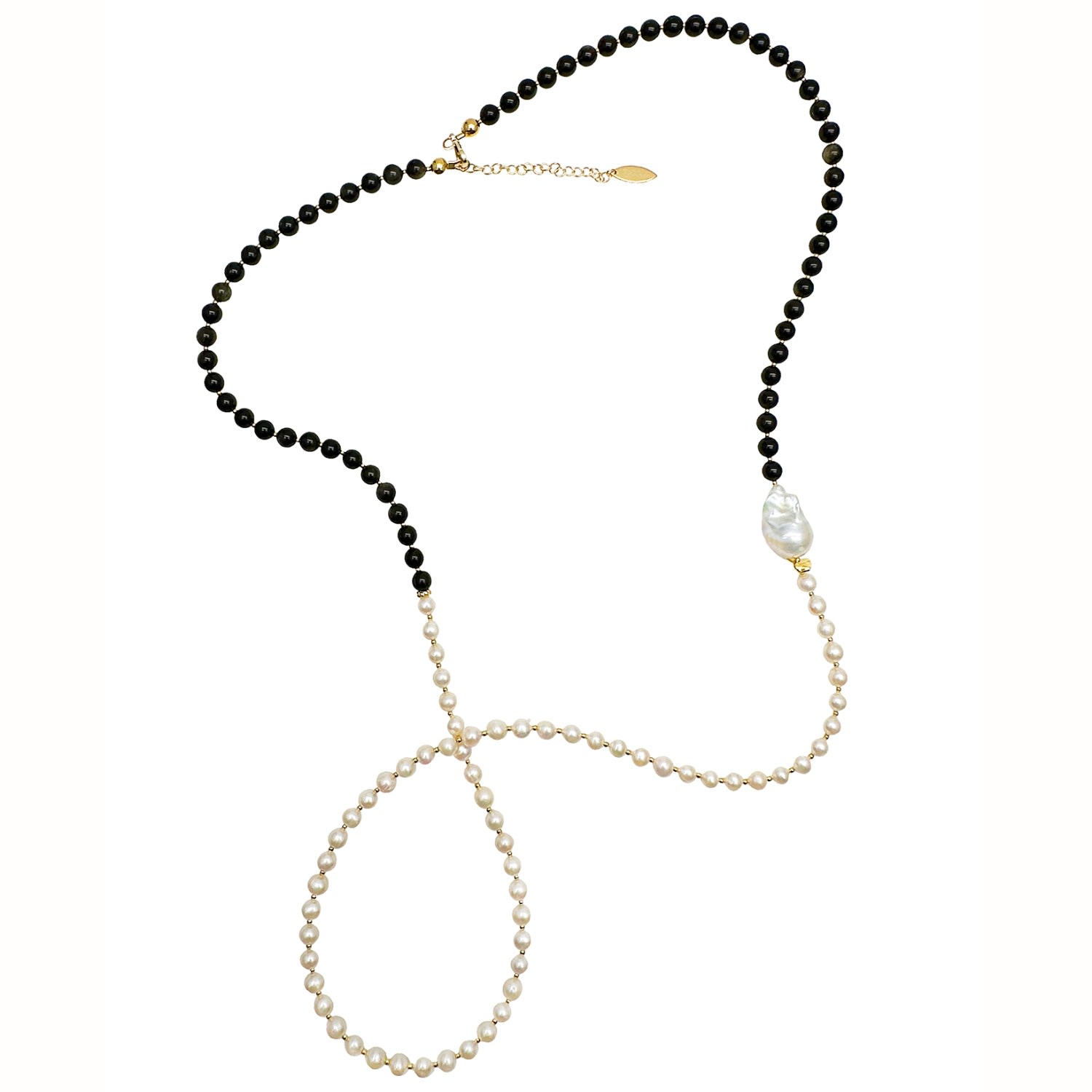 Women's Black / White Black Obsidian And White Freshwater Pearls Long Necklace Farra