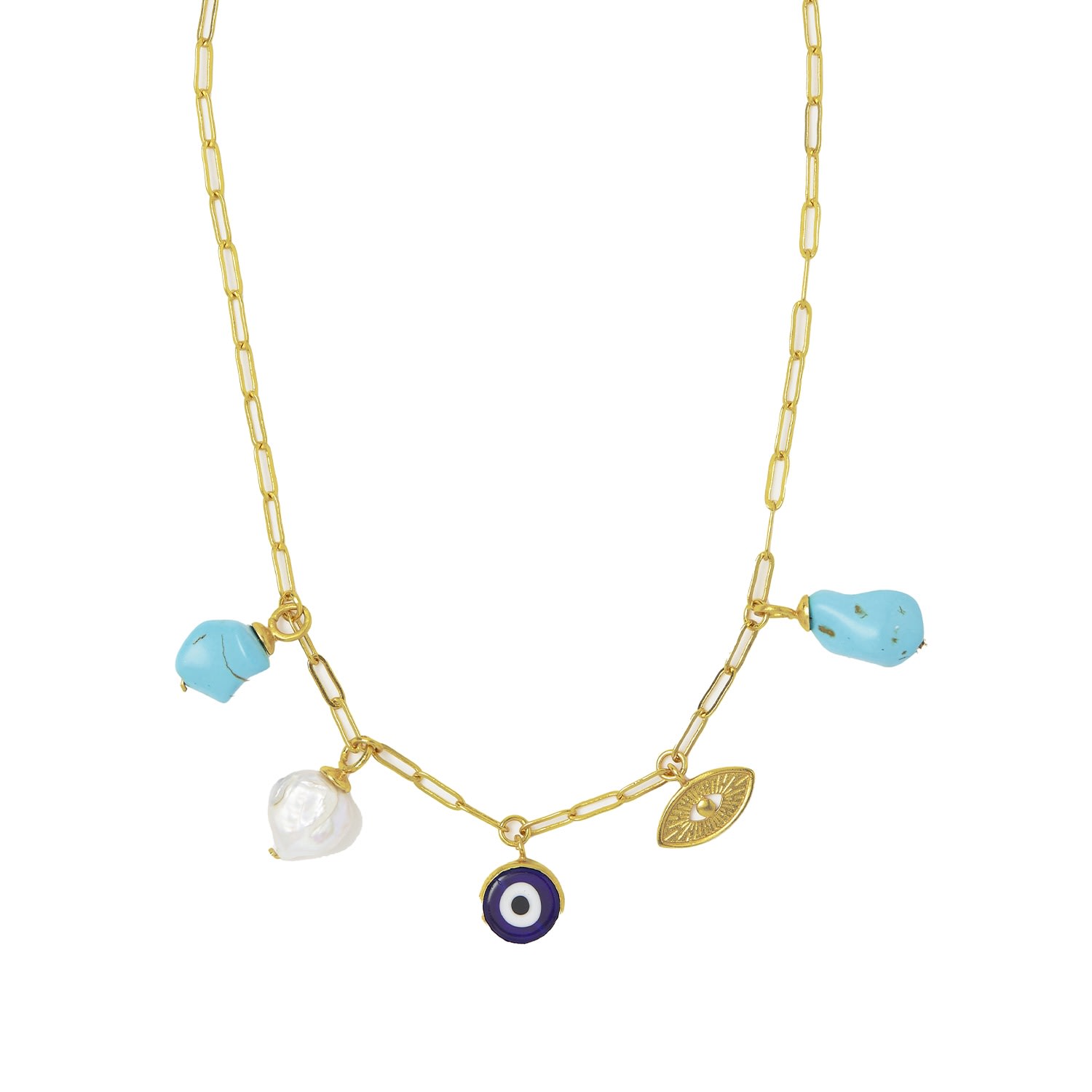 Women's Blue / Gold Cornicello Evil Eye And Turquoise Charm Necklace Ottoman Hands