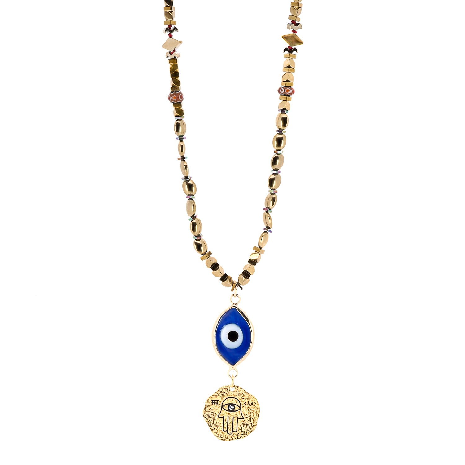 Women's Gold / Blue Good Luck Evil Eye & Hamsa Necklace Ebru Jewelry