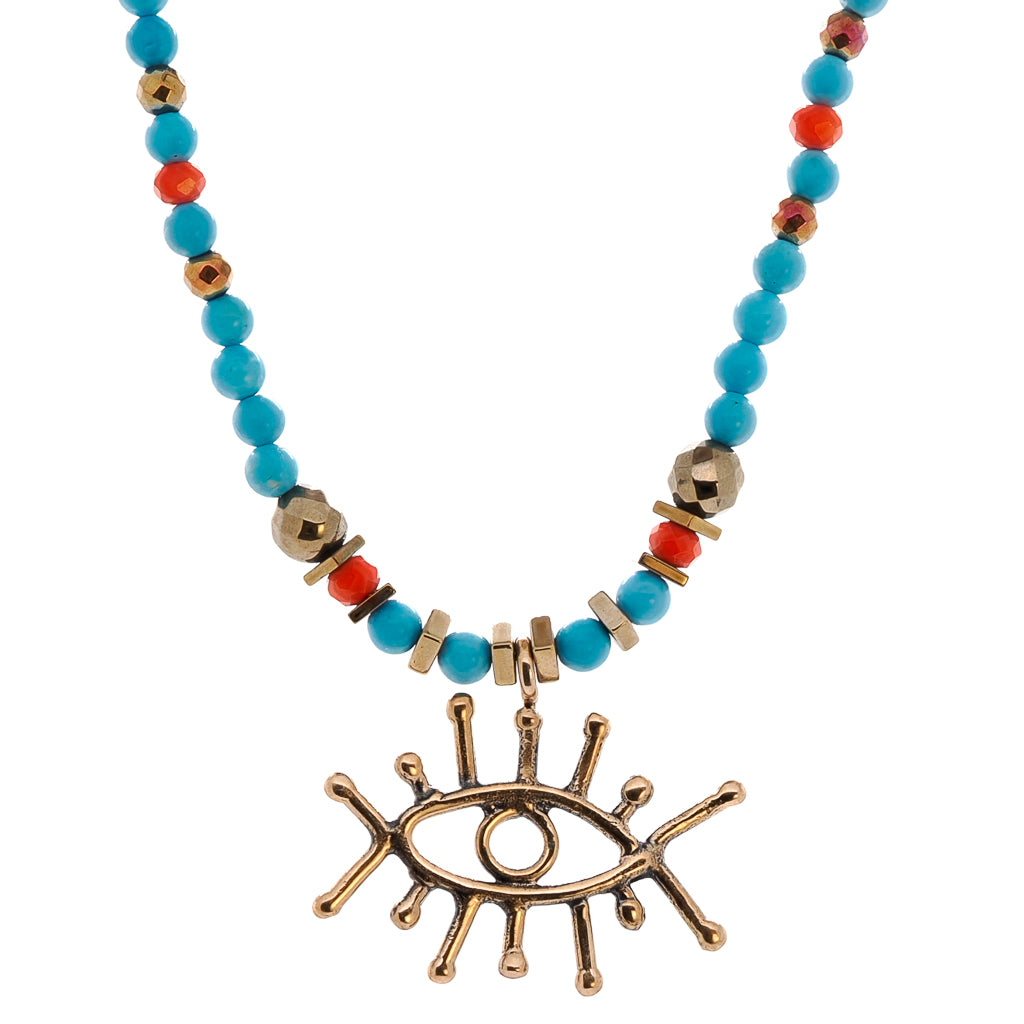 Women's Gold / Blue / Red Turquoise Guardian Necklace Ebru Jewelry