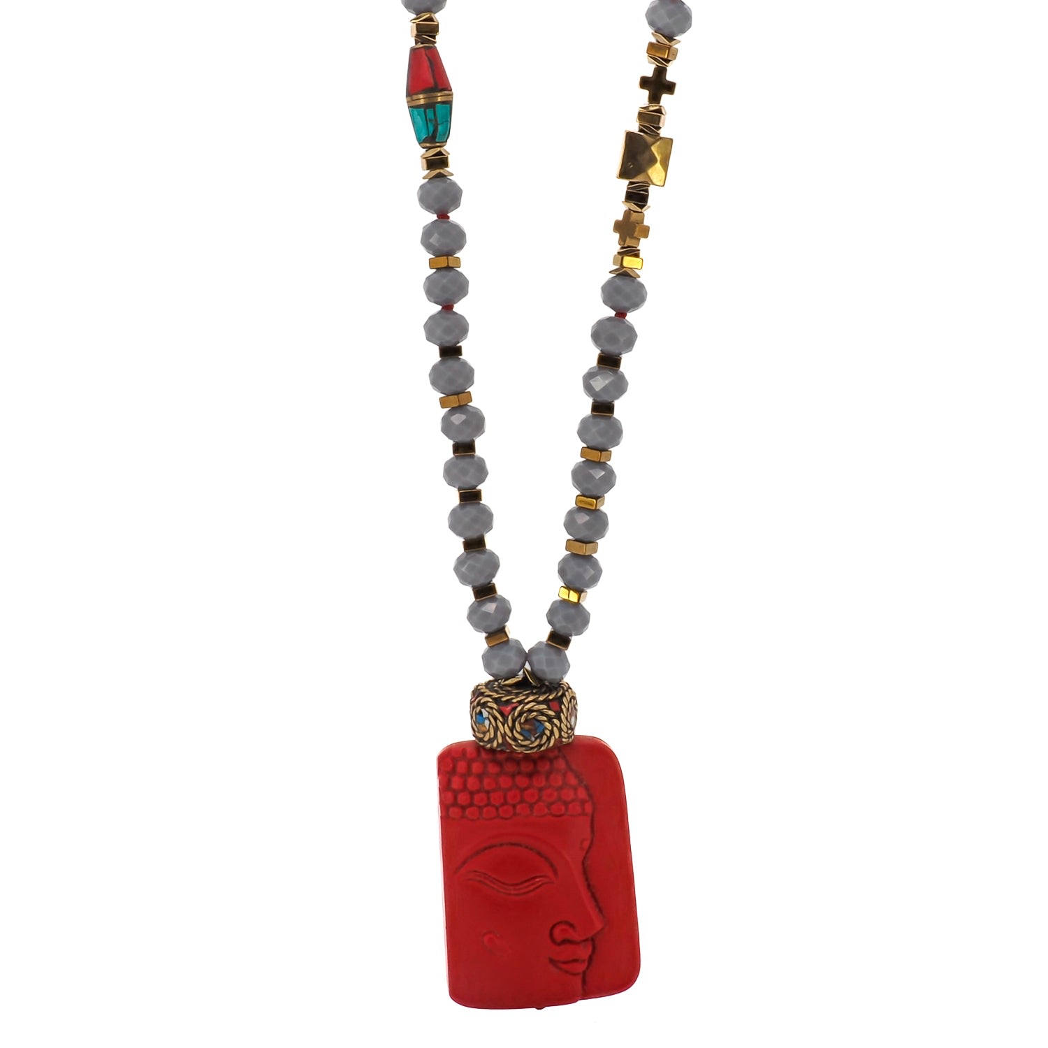 Women's Gold / Grey / Red Calmness Buddha Necklace Ebru Jewelry