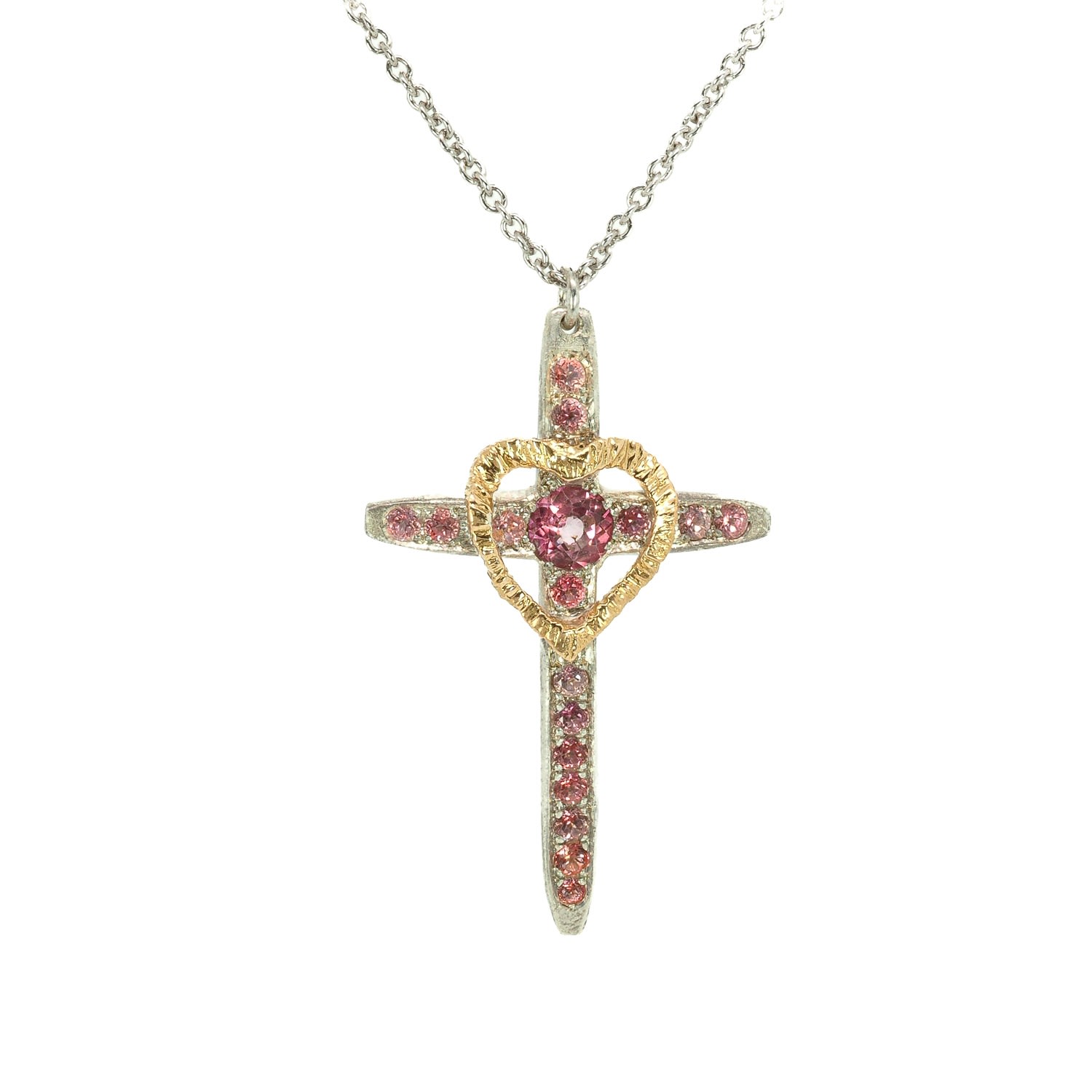 Women's Gold / Pink / Purple Cross And Heart Pink Topaz Yellow Gold Silver Necklace Taru Jewelry