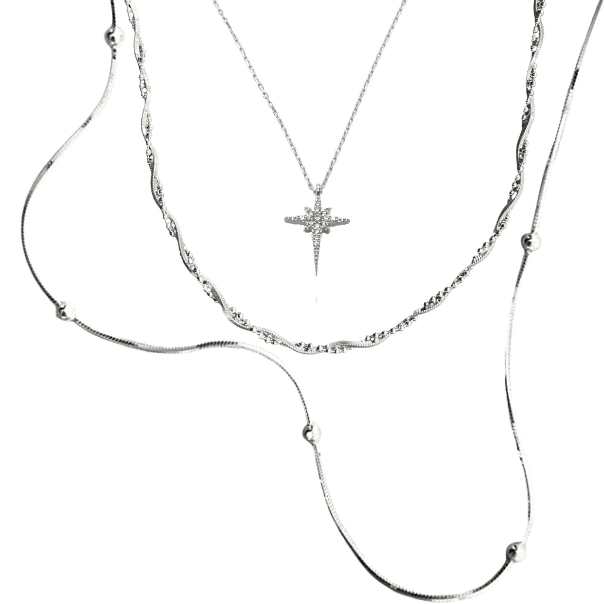 Women's Necklace Layering Set Beaded Twisted And Northern Starburst Star - Silver Spero London