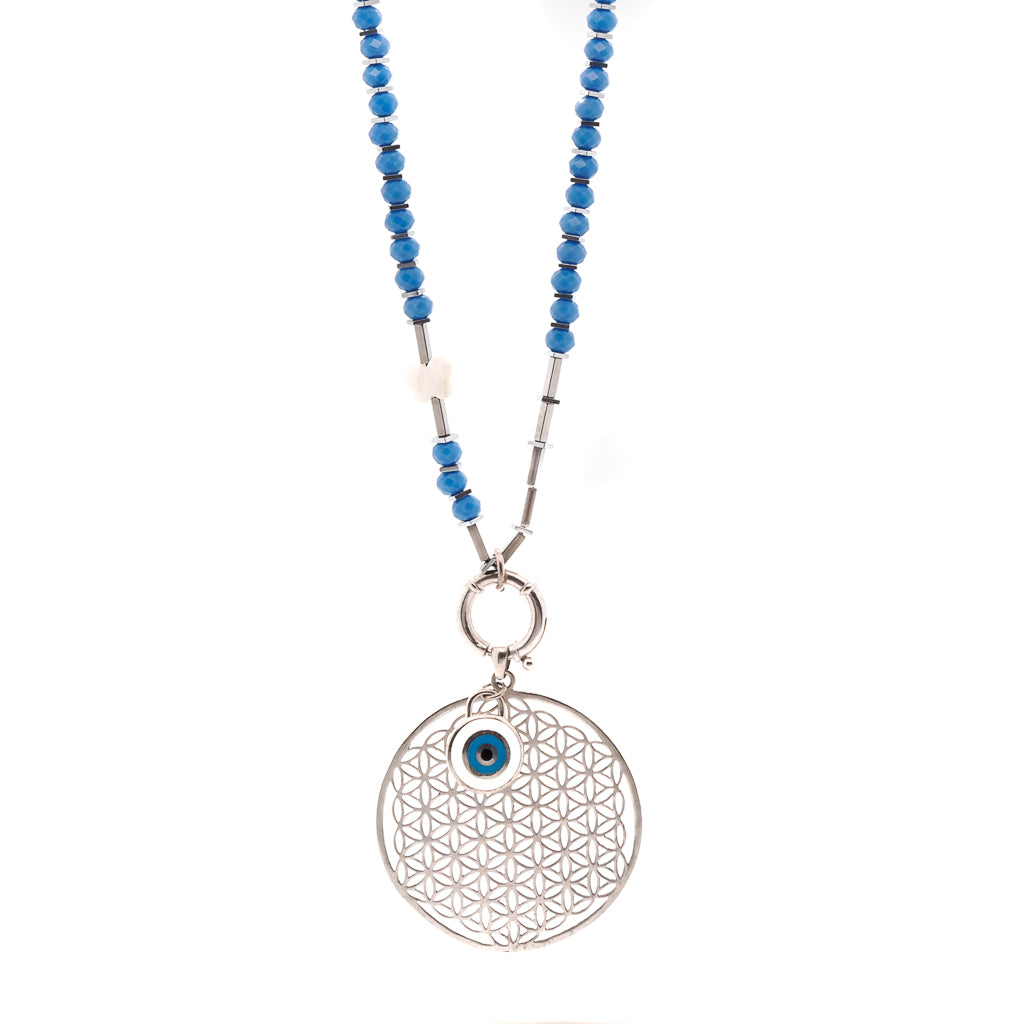 Women's Silver / Blue / White Flower Of Life Necklace Ebru Jewelry