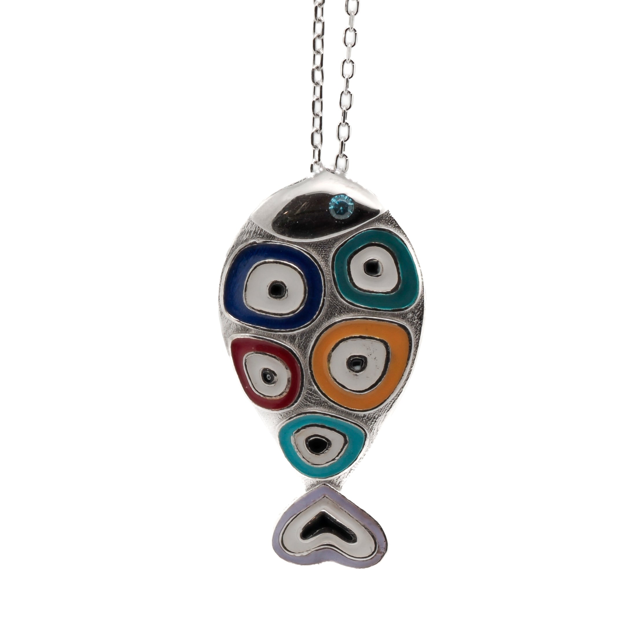 Women's Silver Evil Eye Fish Necklace Ebru Jewelry