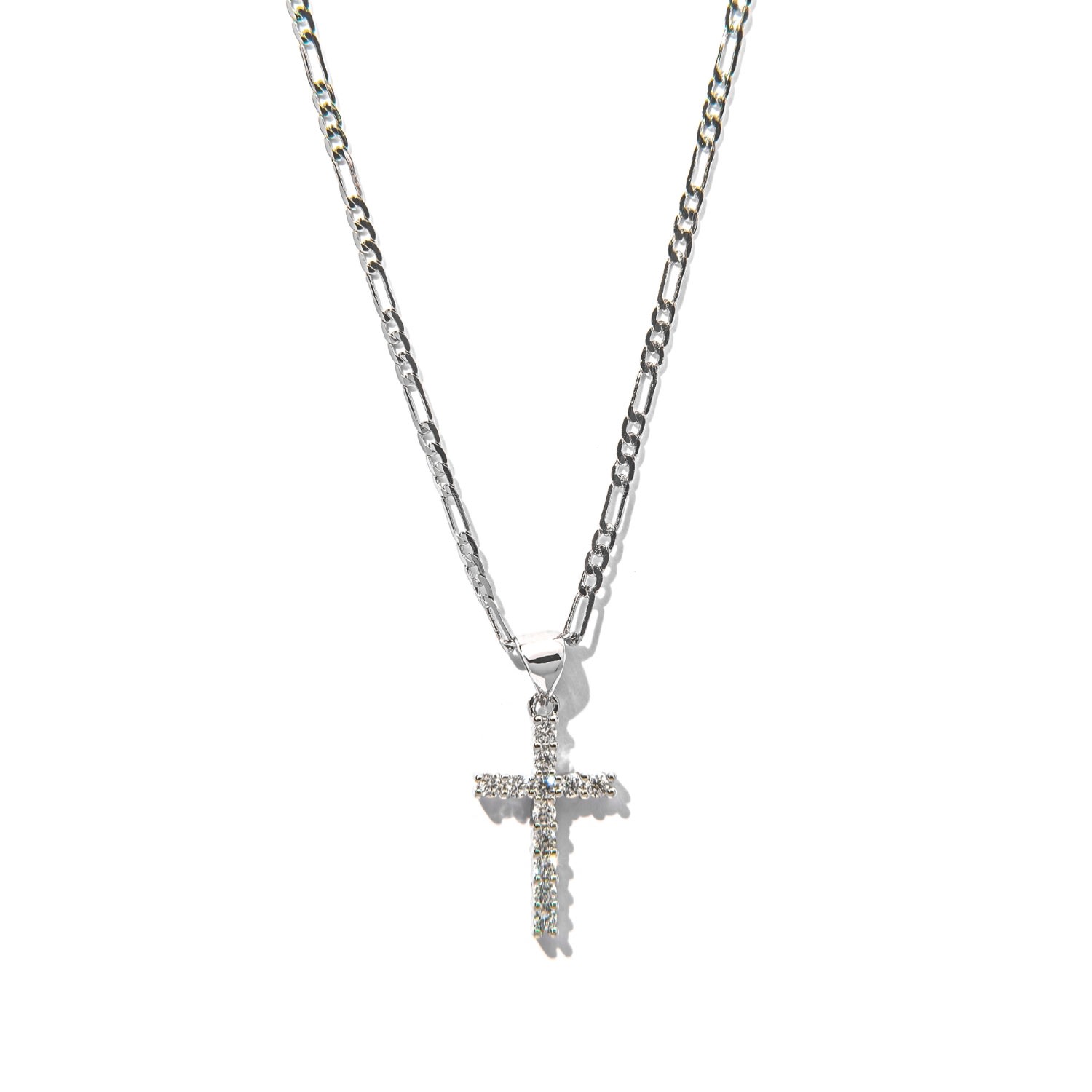 Women's Silver Mini Cross Figaro Chain Necklace The Essential Jewels