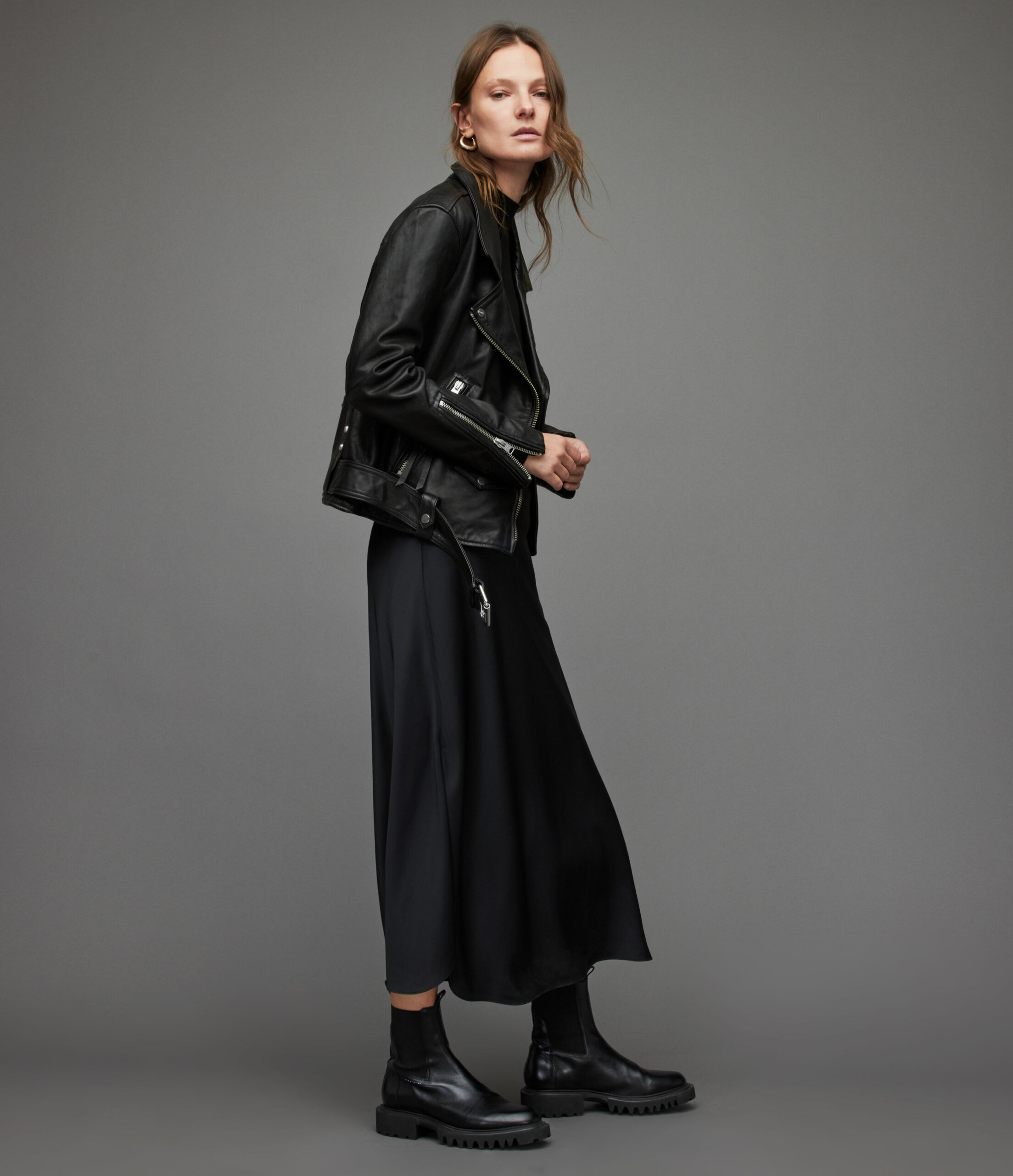 AllSaints Luna Leather Biker Jacket, Black, Women's, Size: XS
