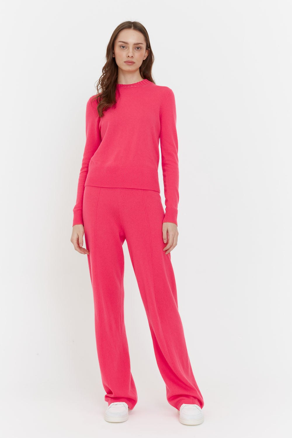 Bright-Coral Wool-Cashmere Wide-Leg Pants