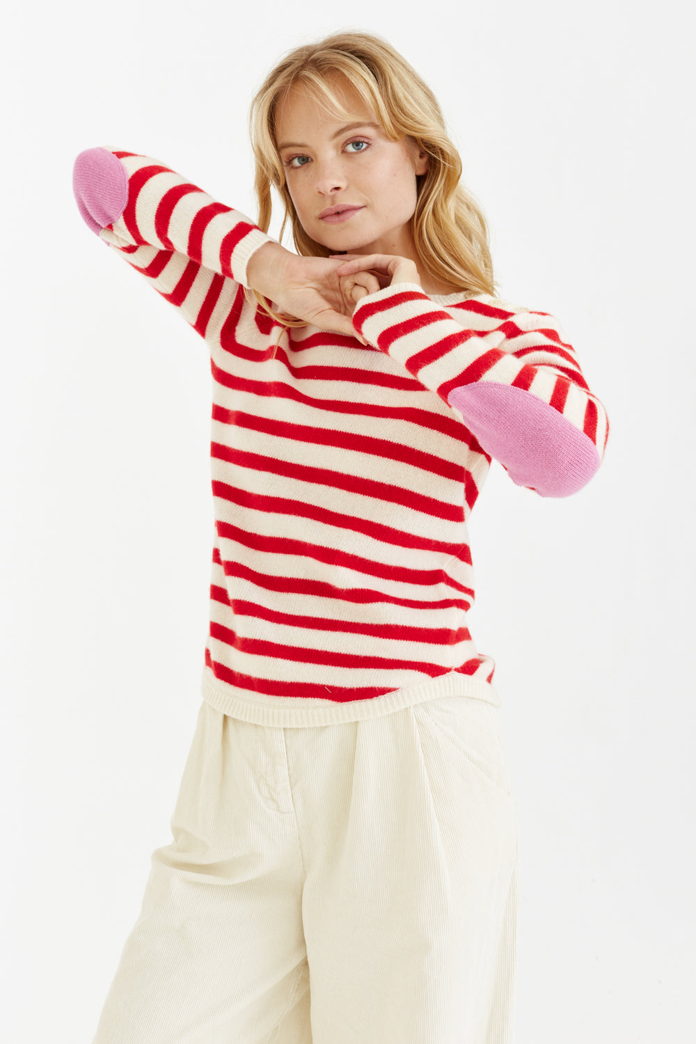 Cream-Red Wool-Cashmere Stripe Sweater