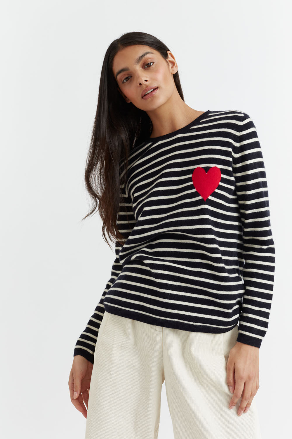 Navy-Cream Breton Heart Wool-Cashmere Sweater
