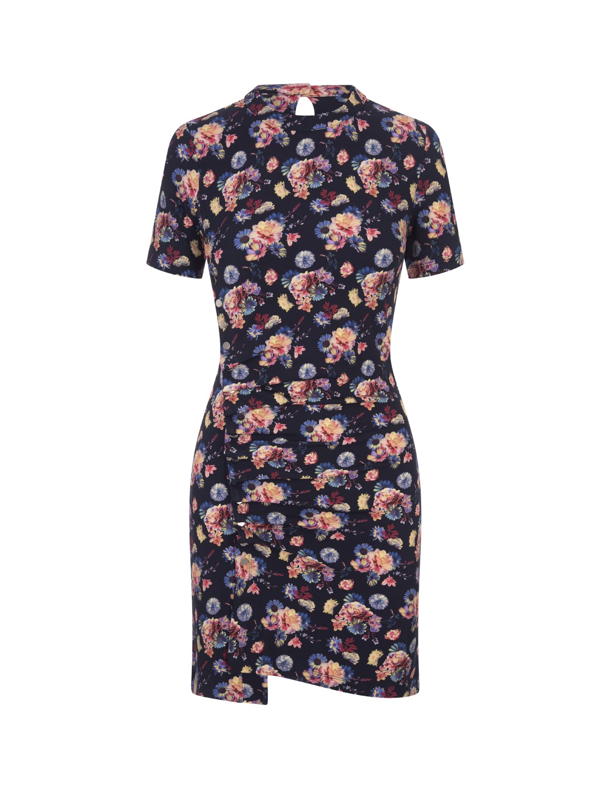 Paco Rabanne Navy Blue Floral Pleated Short Dress