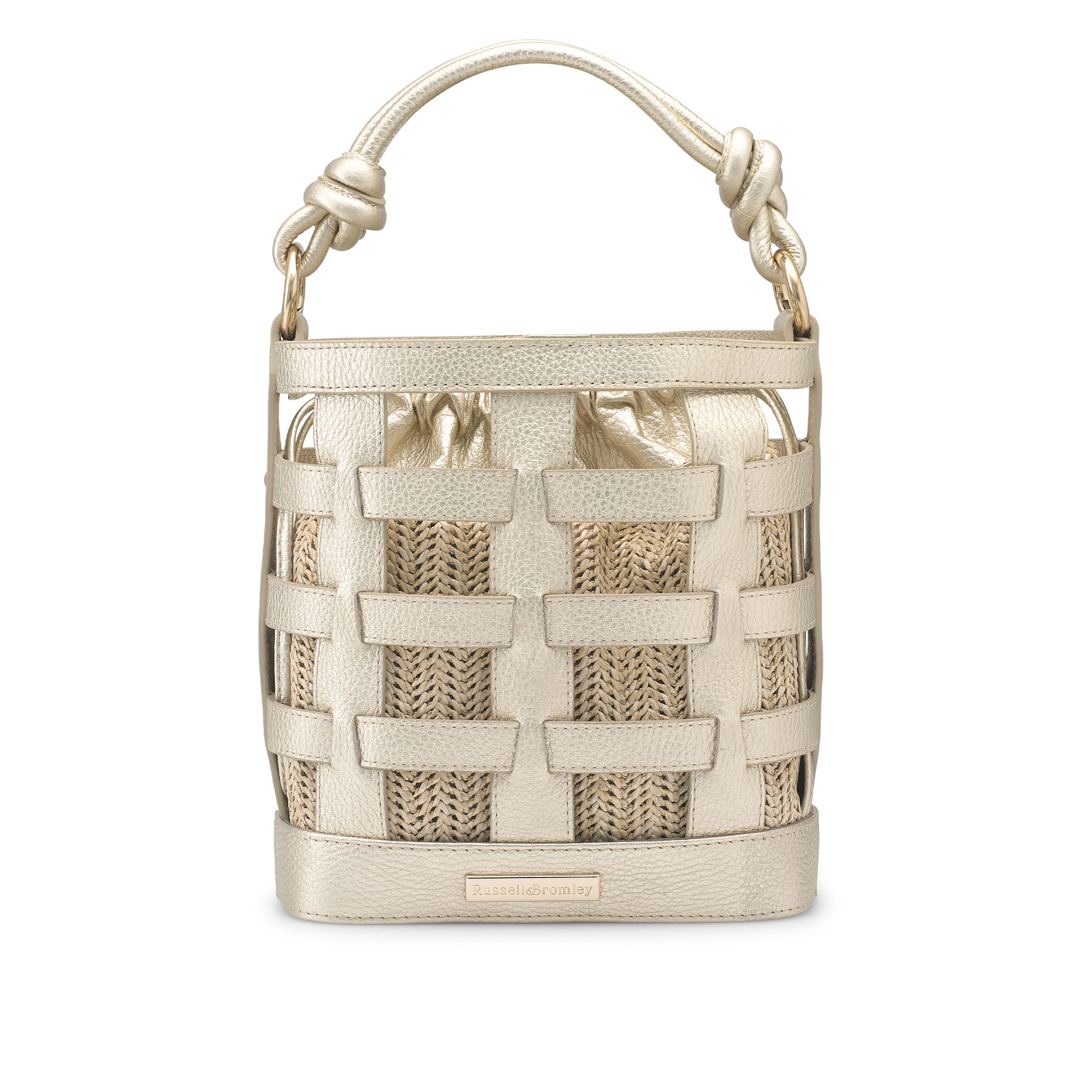 Russell & Bromley Women's Gold Leather Basketweave Grid Bucket Bag, Size: 21x21x1cm