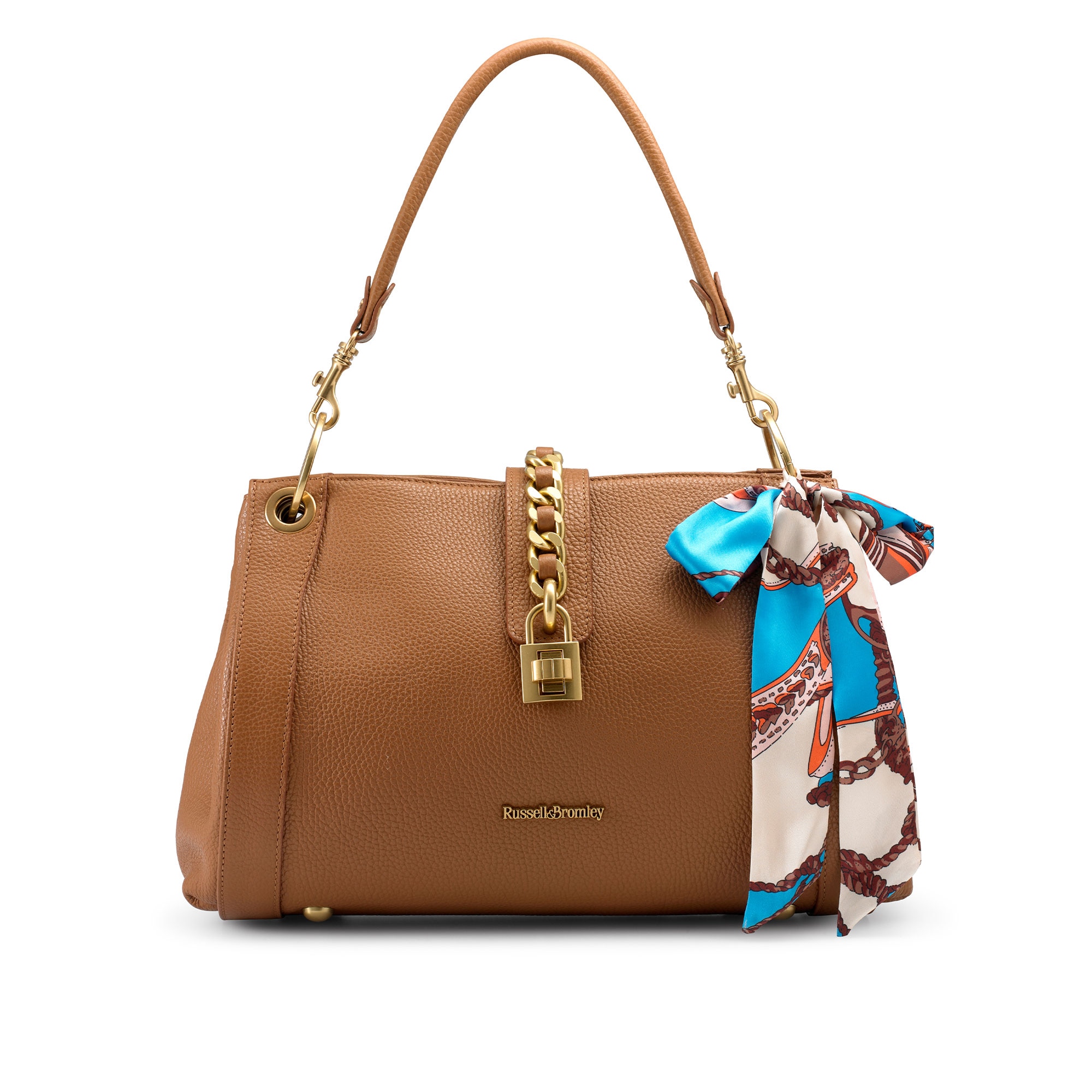 Russell & Bromley Women's Tan Brown Leather Brand Detail Lock It Midi Chain And Crossbody Bag, Size: 32x21x14cm
