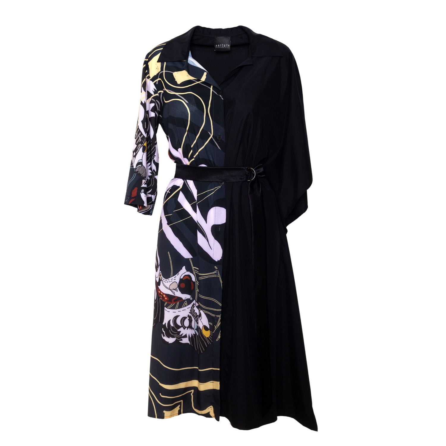 Women's Black Bath Yin Asymmetric Printed Dress S/M Artista