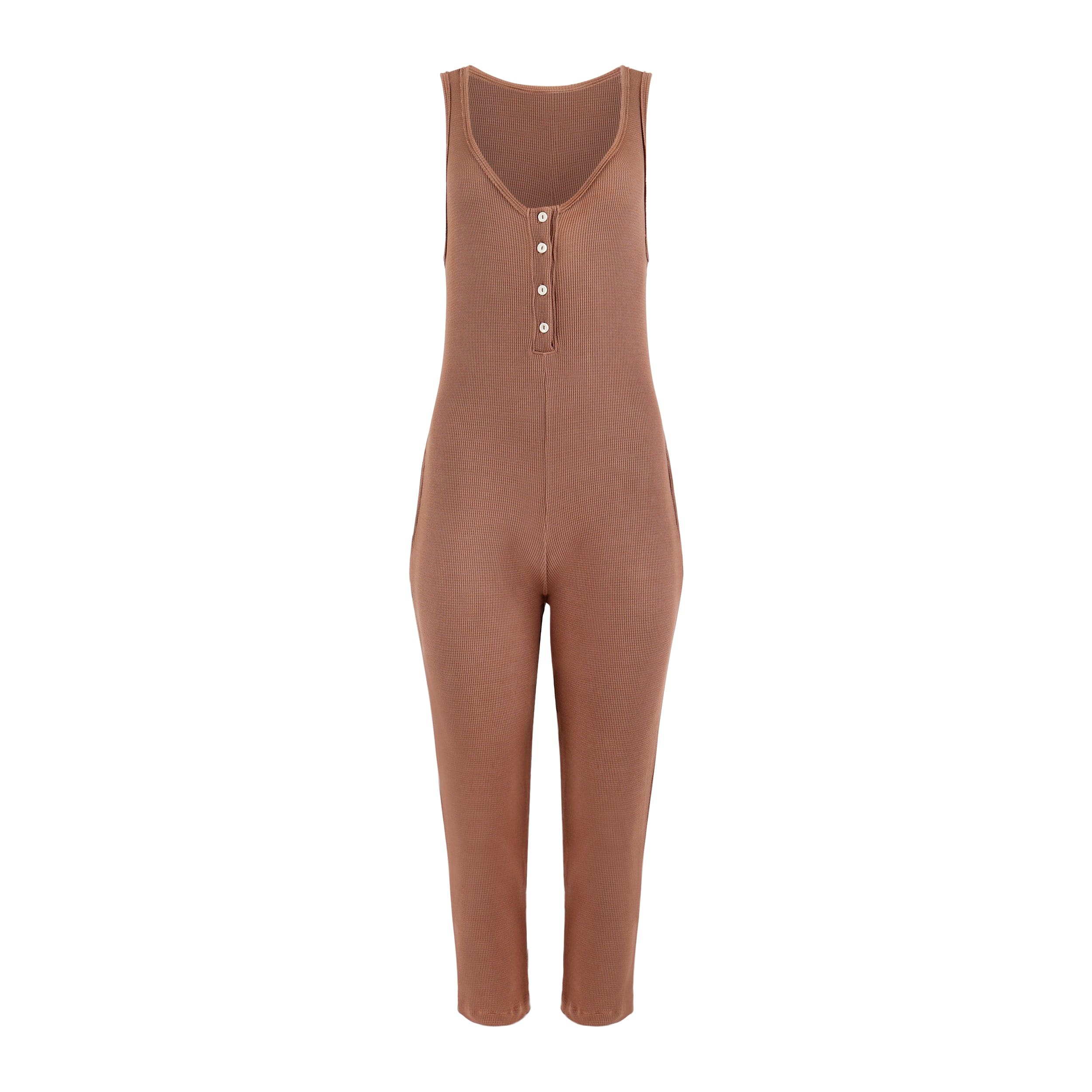 Women's Costa Organic Cotton Waffle Thermal Pocketed Jumpsuit - Cocoa Extra Small Lezat