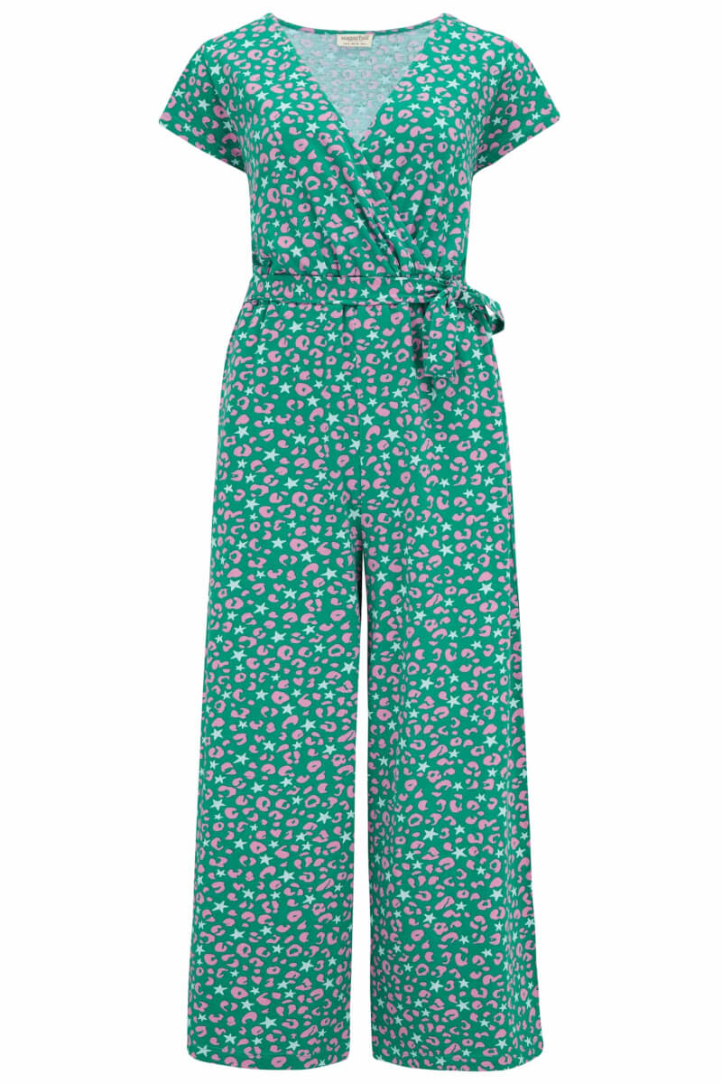 Women's Katrina Cropped Jersey Jumpsuit Green, Painted Star Leopard Extra Small Sugarhill Brighton