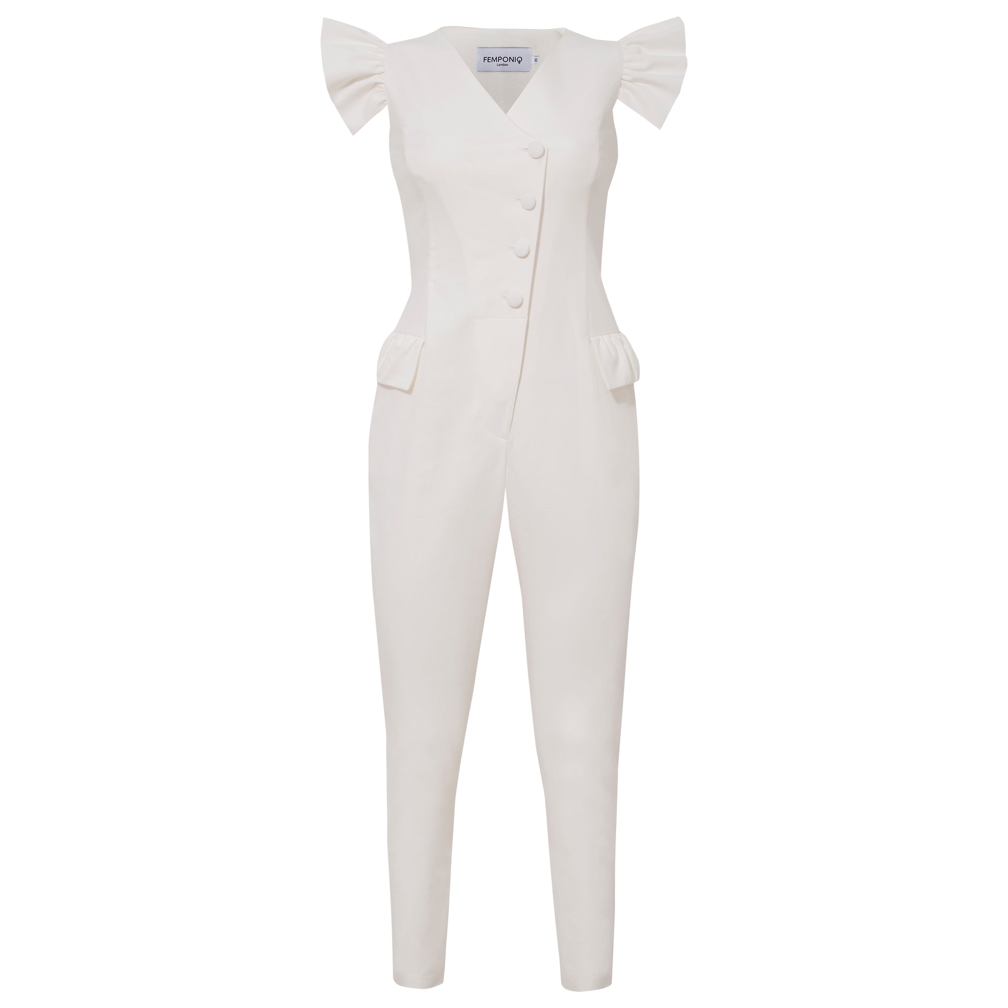 Women's Ruffled Sleeve Tailored Jumpsuit - White Extra Small Femponiq