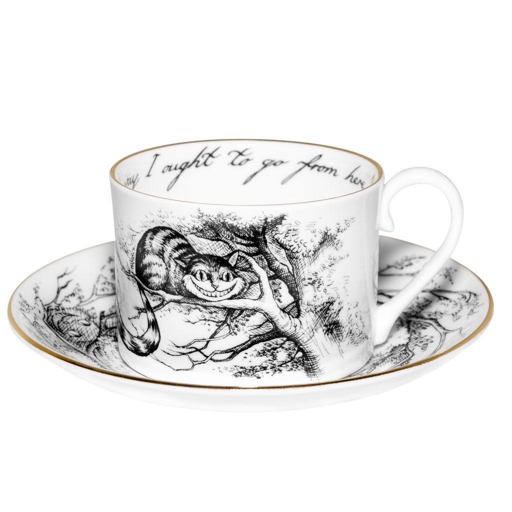 Alice In Wonderland Cheshire Cat Teacup & Saucer, Gold, Rory Dobner
