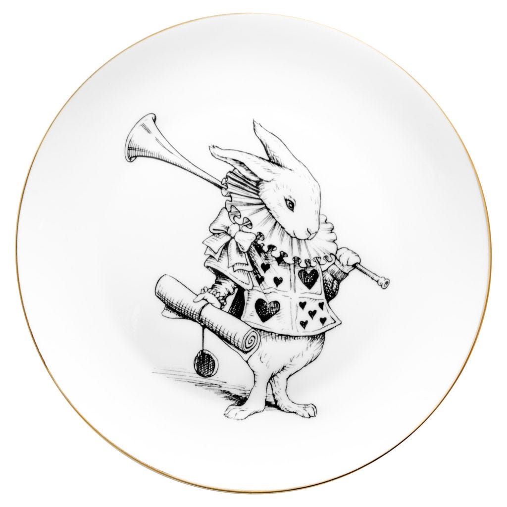 Alice In Wonderland Rabbit Cards Plate in White, Medium, Gold, Rory Dobner