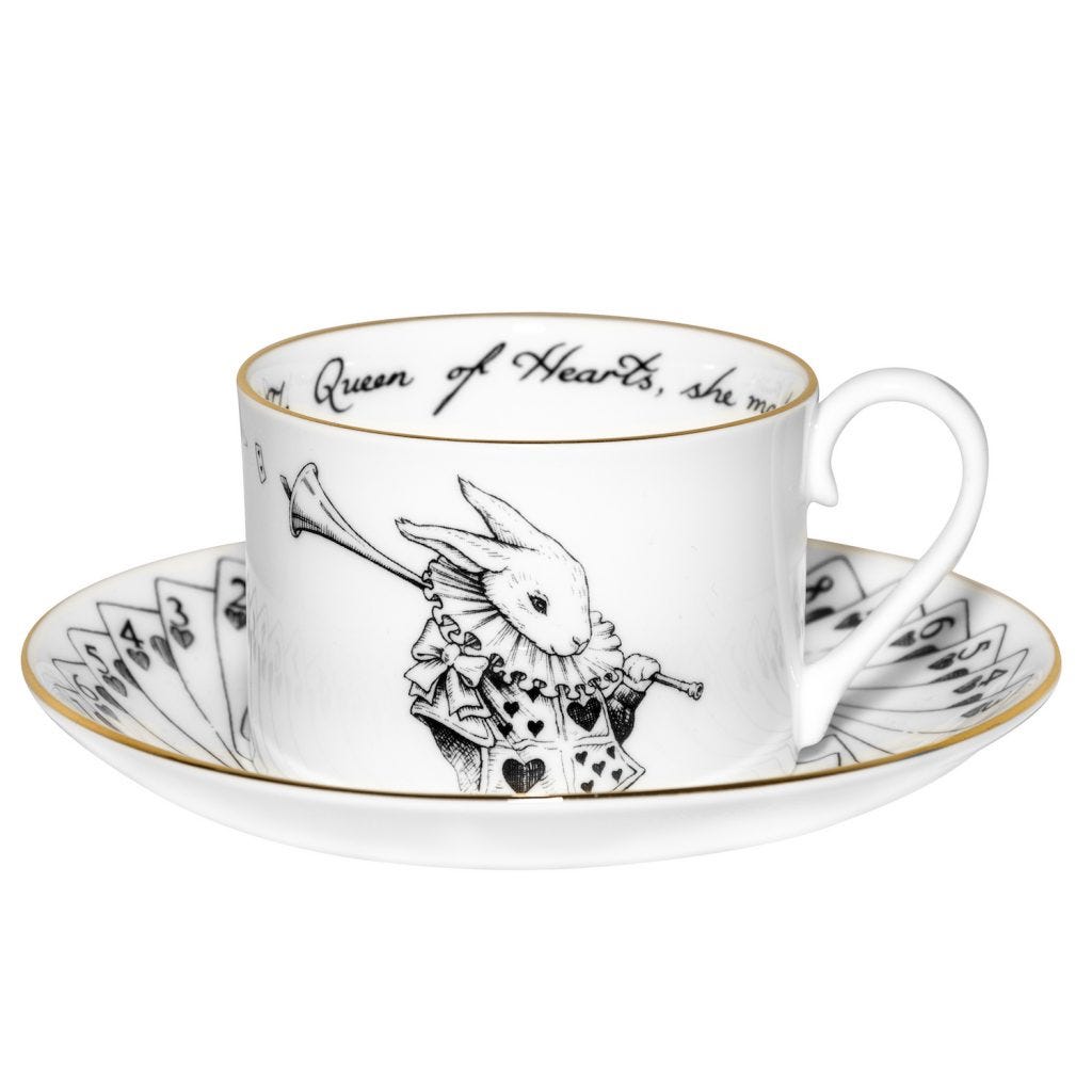 Alice In Wonderland Rabbit Cards Teacup & Saucer in White, Gold, Rory Dobner