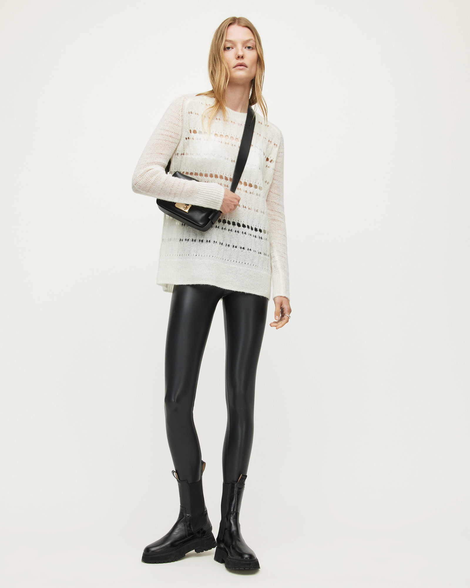 AllSaints Women's Leather Stripe Cora High-Rise Super Skinny Leg Leggings, Black, Size: 2