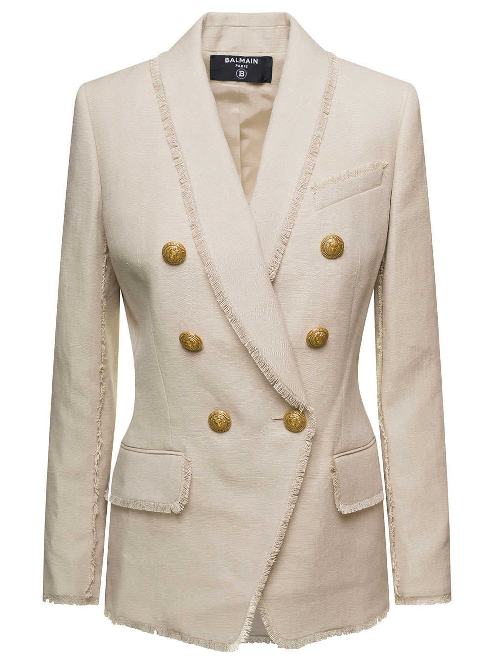 Balmain Beige Double-Breasted Blazer With Golden Buttons In Linen Blend Woman