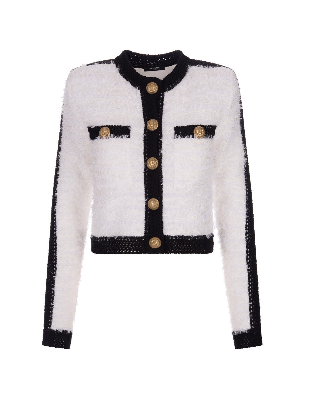 Balmain White Tweed Blazer With Black Crochet Finishes
