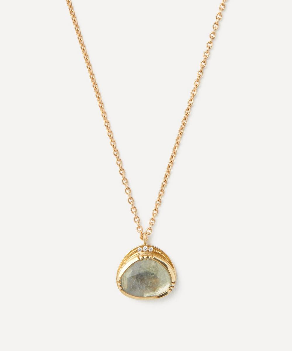 Brooke Gregson 18ct Gold Orbit Aquamarine Halo Pendant Necklace