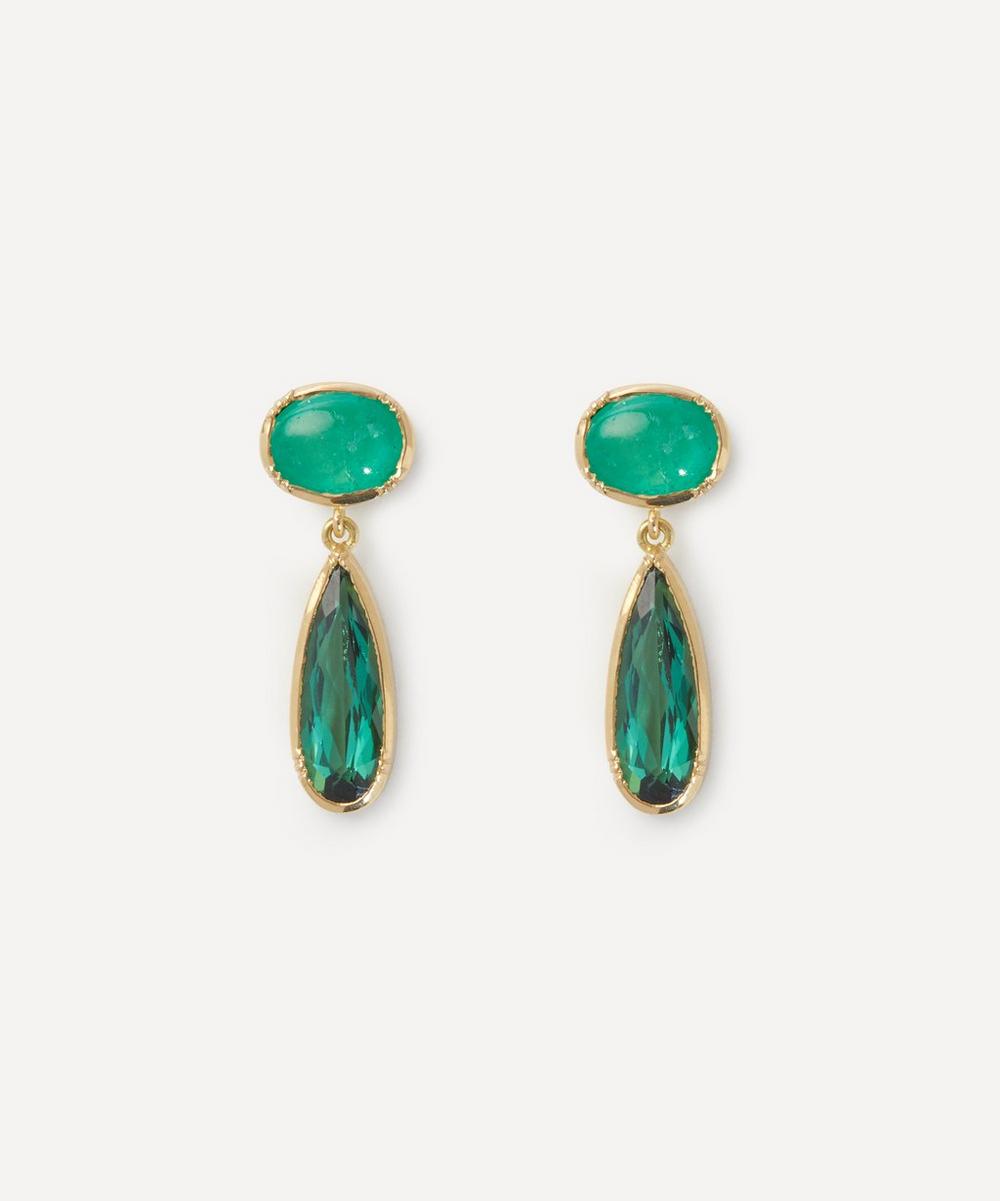 Brooke Gregson 18ct Gold Orbit Teardrop Emerald Tourmaline Drop Earrings