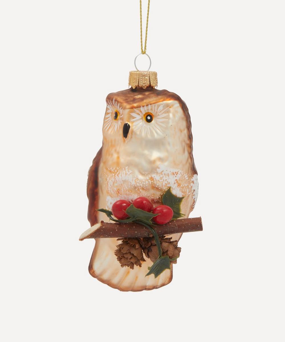 Christmas Glass Owl With Holly Tree Ornament