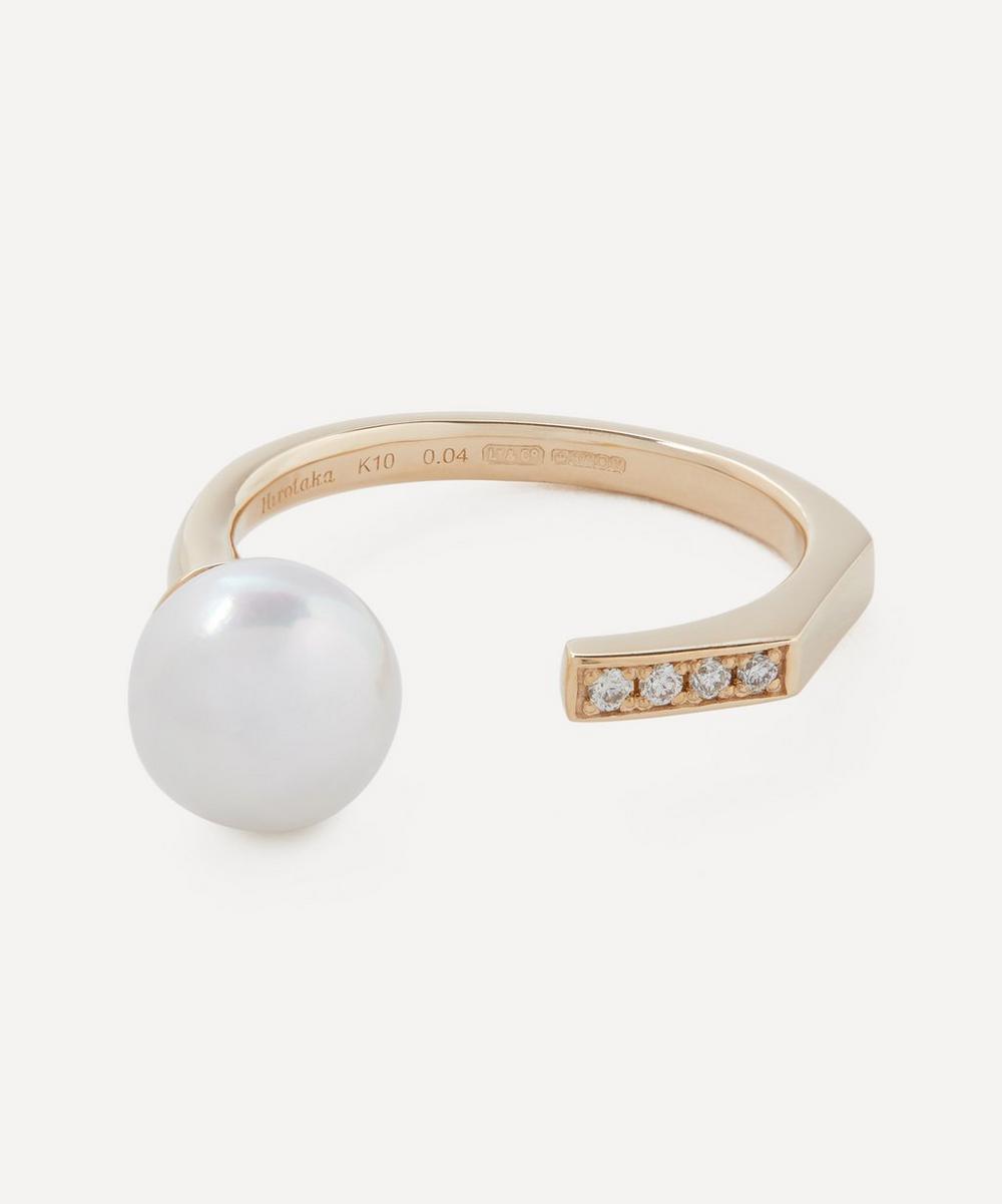 Hirotaka 10ct Gold Manhattan Pearl Diamond Cuff Ring