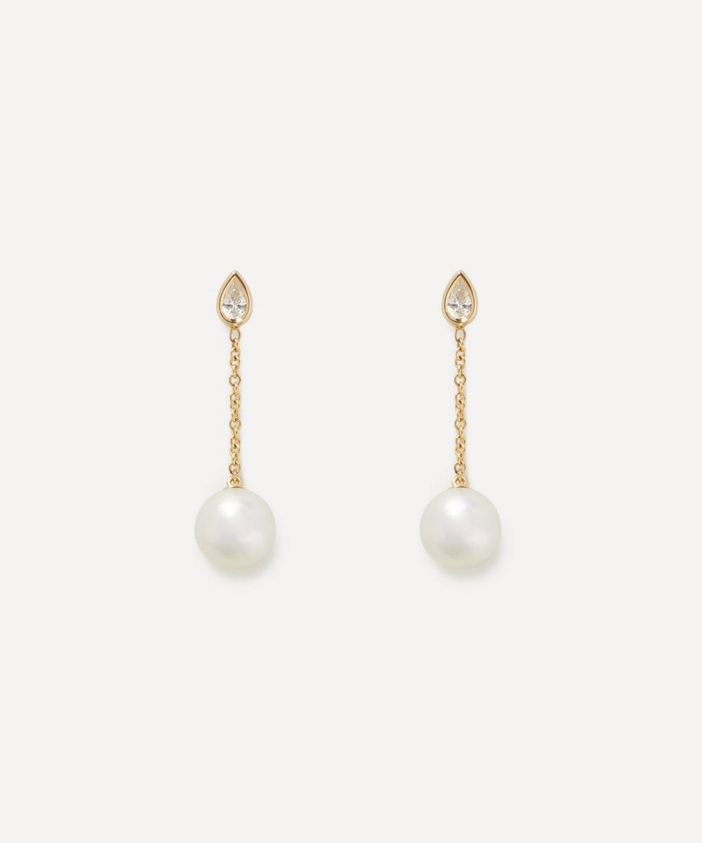 Mizuki 14ct Gold Akoya Pearl And Pear Diamond Drop Earrings