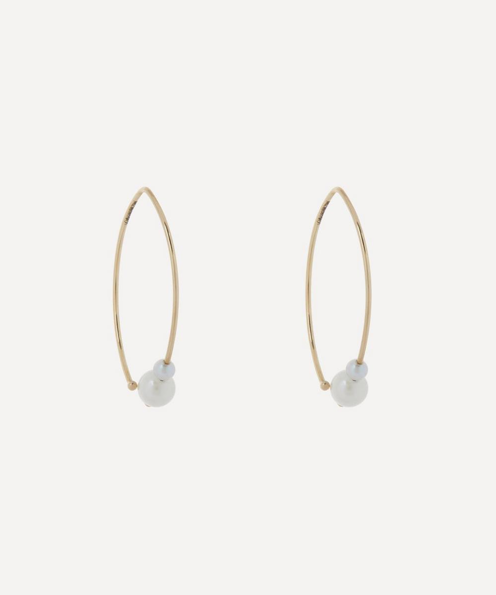 Mizuki 14ct Gold Double Pearl Open Marquise Hoop Earrings