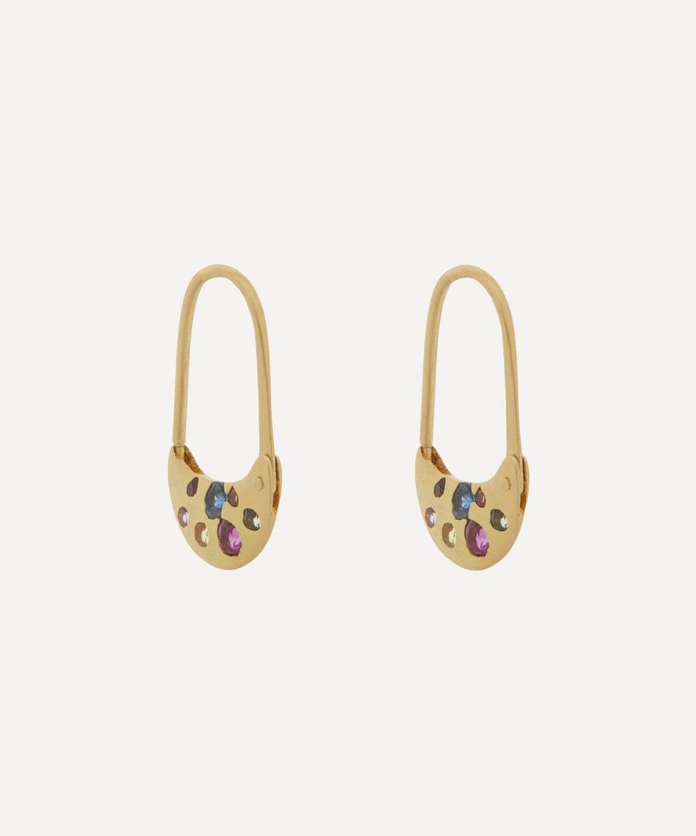 Polly Wales 18ct Gold Rainbow Safety Pin Hoop Earrings