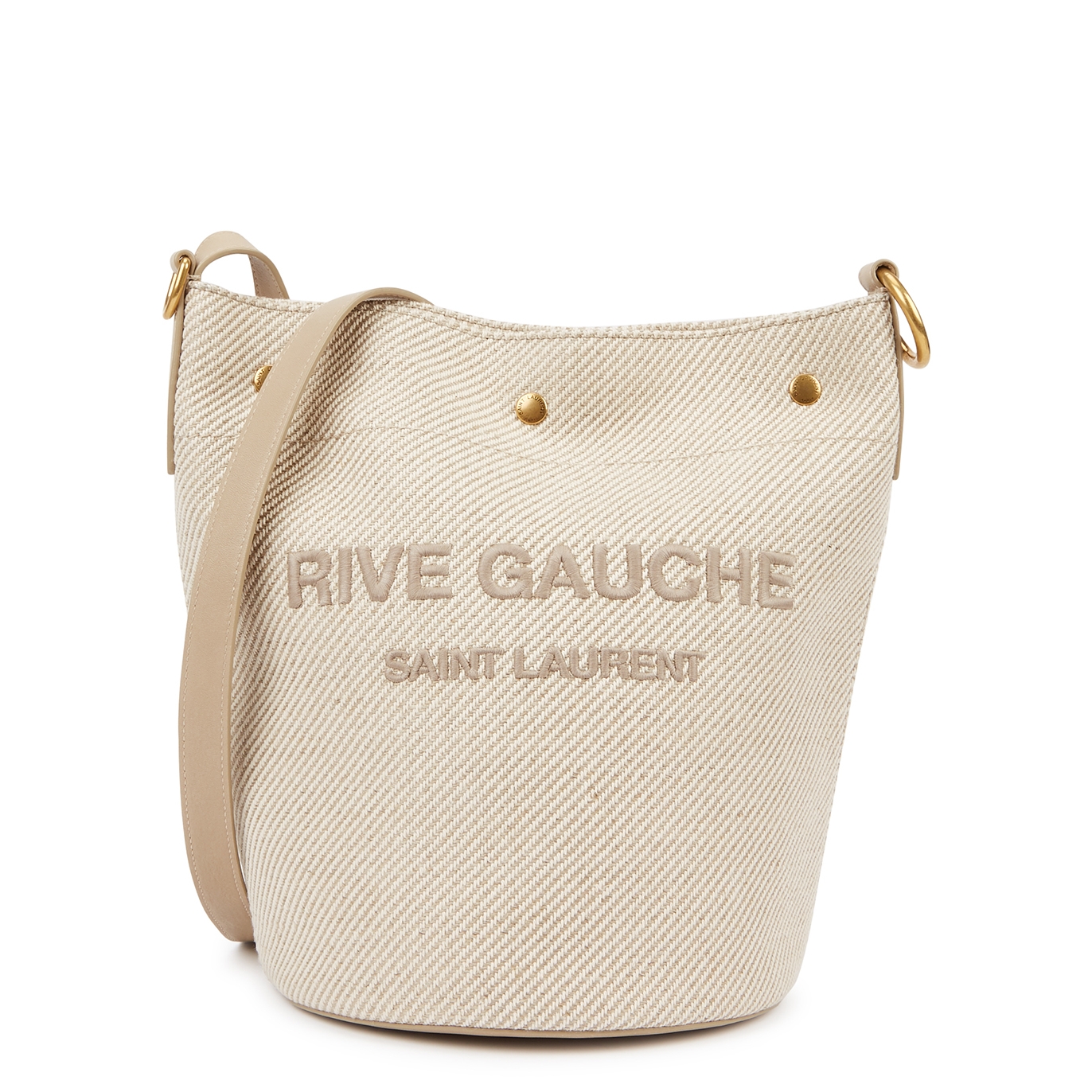 Saint Laurent Rive Gauche Stone Logo Canvas Bucket Bag - Natural