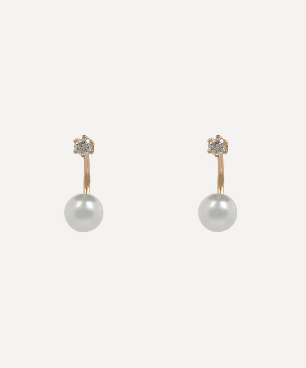 Satomi Kawakita 14ct Gold Twin White Diamond Pearl Stud Earrings
