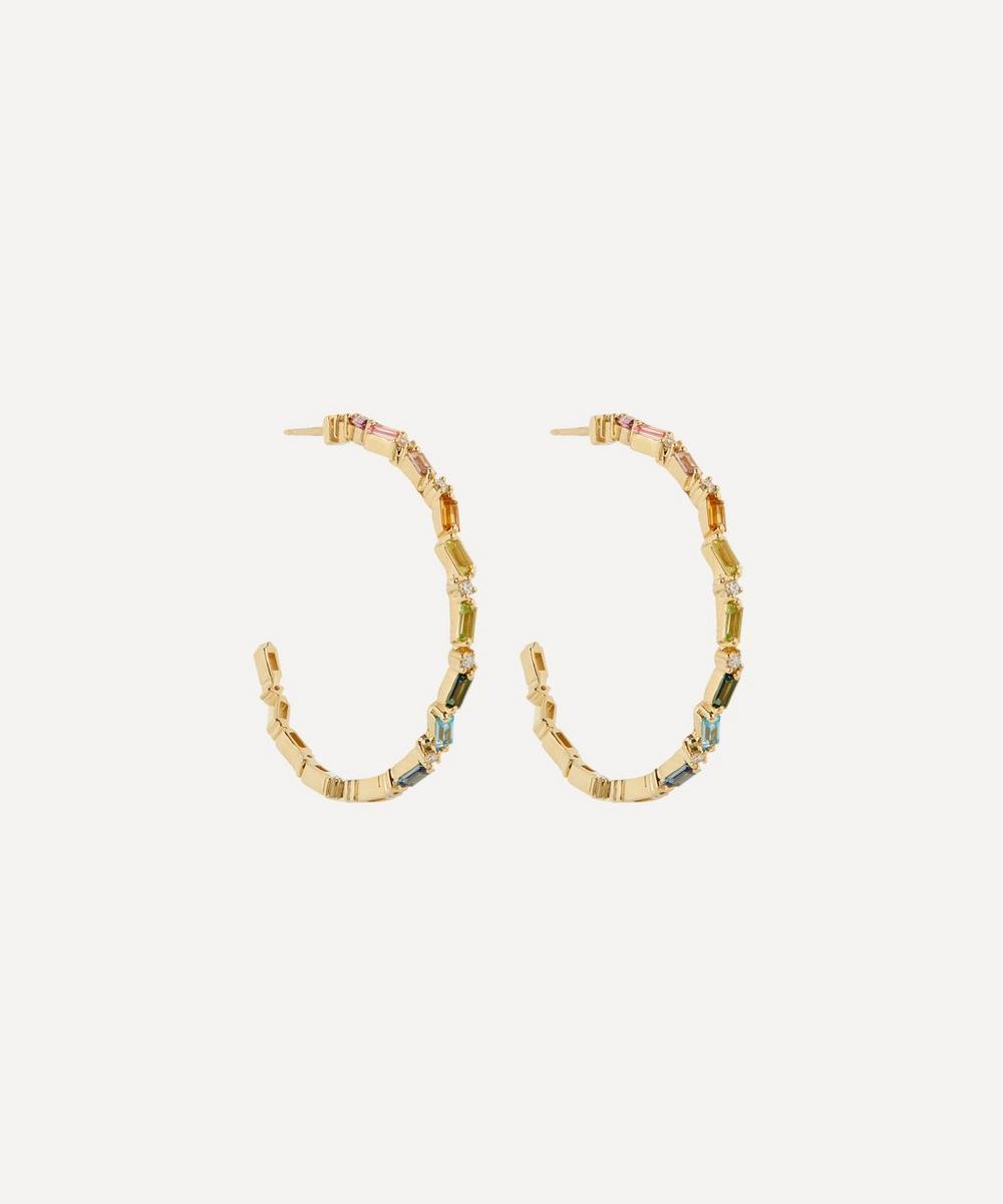 Suzanne Kalan 14ct Gold Firework Rainbow Baguette Diamond Hoop Earrings