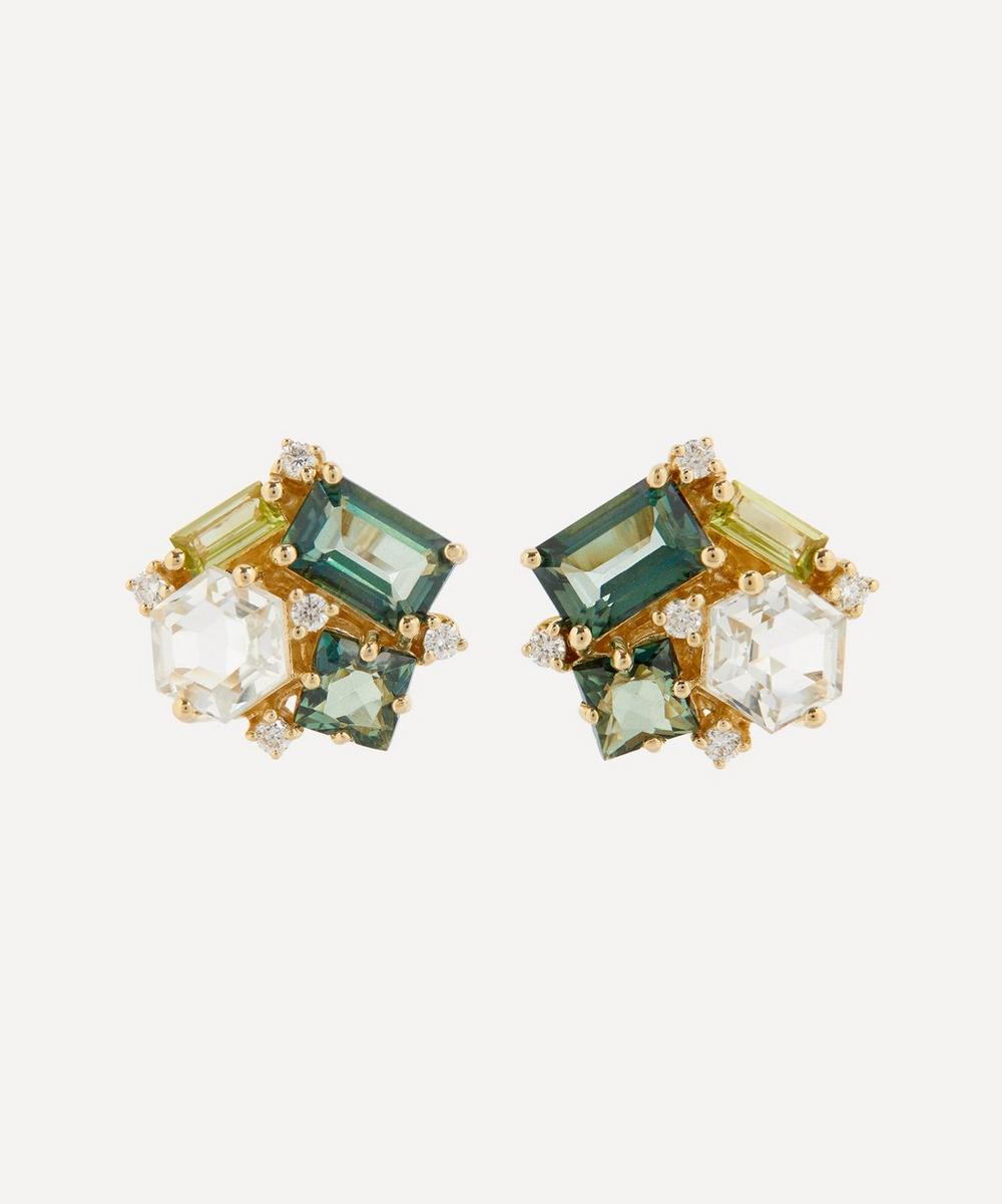 Suzanne Kalan 14ct Gold Green Mix Diamond Cluster Stud Earrings