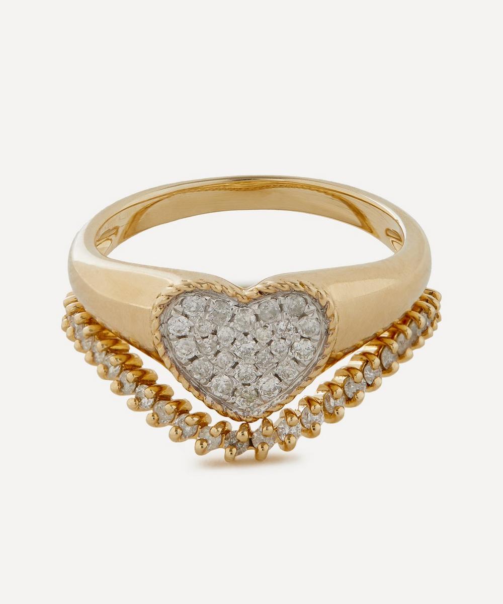 Yvonne Leon 9ct Gold Set Mini Chevaliere Coeur And Mini Bague Vague Diamond Ring