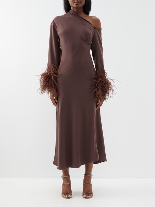 16arlington - Adelaide Asymmetric Feather-trim Crepe Midi Dress - Womens - Brown