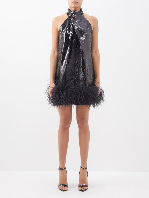 16arlington - Cynthia Feather-trim Halterneck Mini Dress - Womens - Black