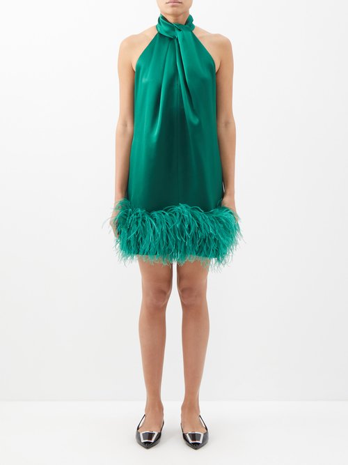 16arlington - Cynthia Feather-trim Halterneck Satin Mini Dress - Womens - Dark Green