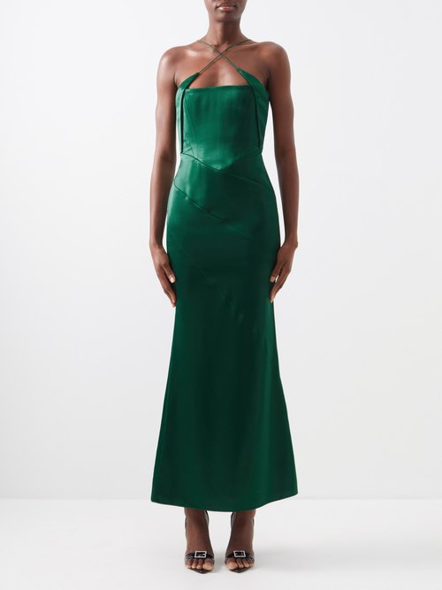 16arlington - Esteli Crossover-strap Satin Dress - Womens - Dark Green