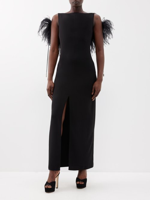16arlington - Nerine Feather-trim Front-slit Satin Dress - Womens - Black