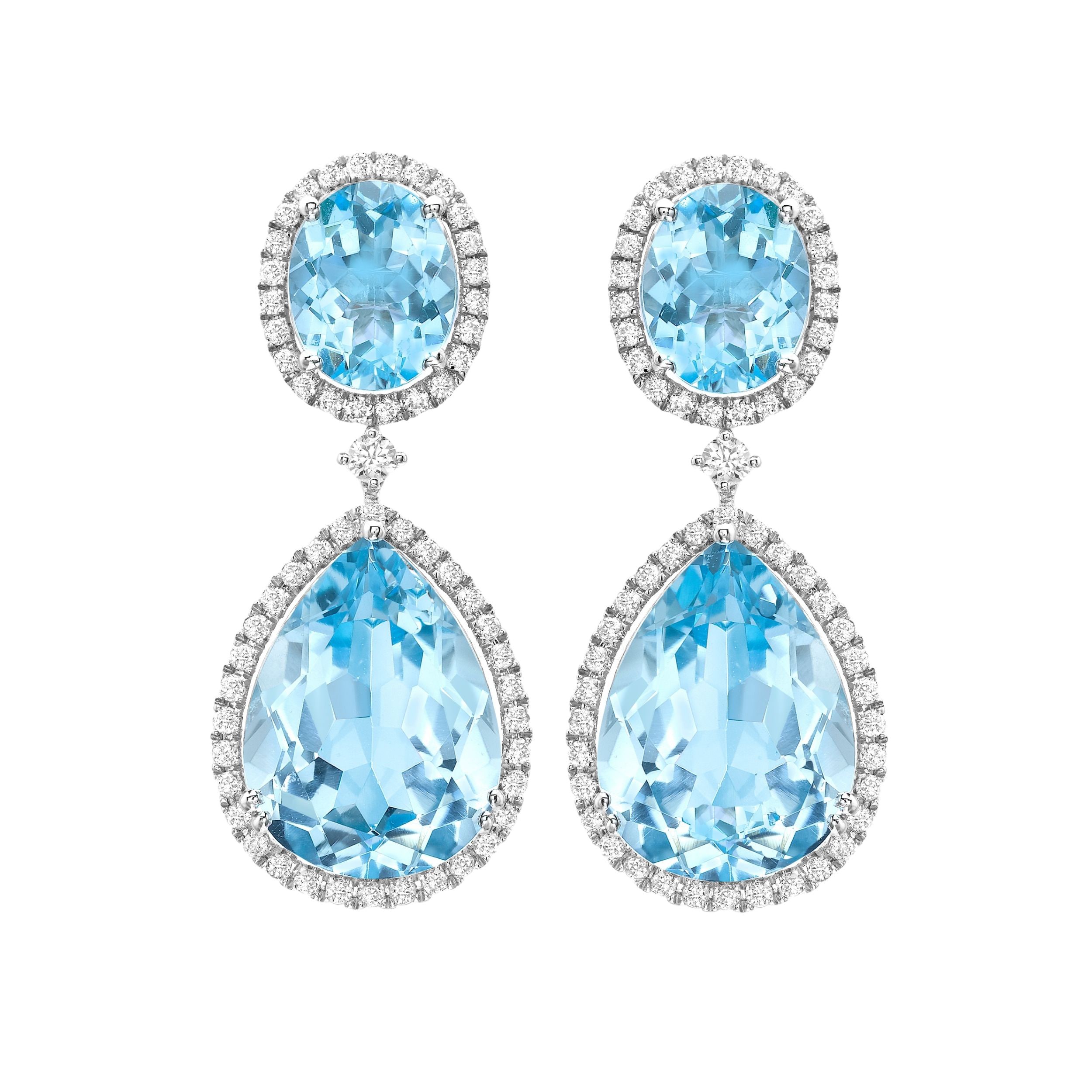 18ct White Gold 1.31ct Diamond & Blue Topaz Oval Drop Earrings
