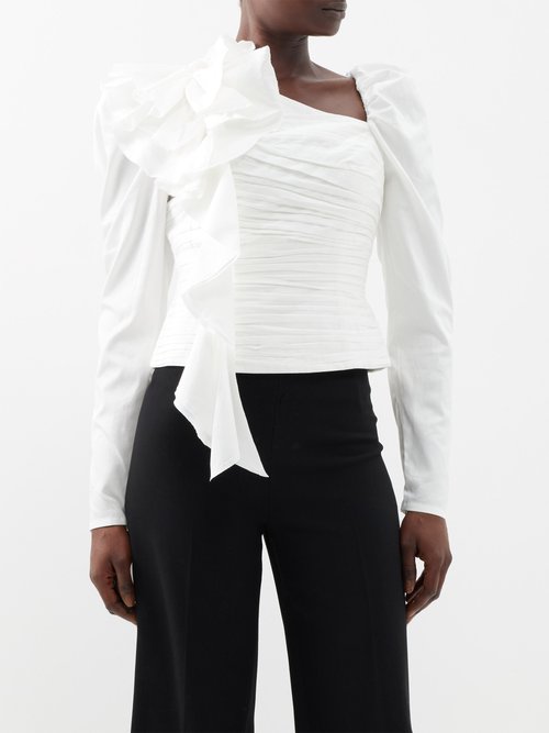 Aje - Adelia Ruffled Ruched-cotton Blouse - Womens - Ivory