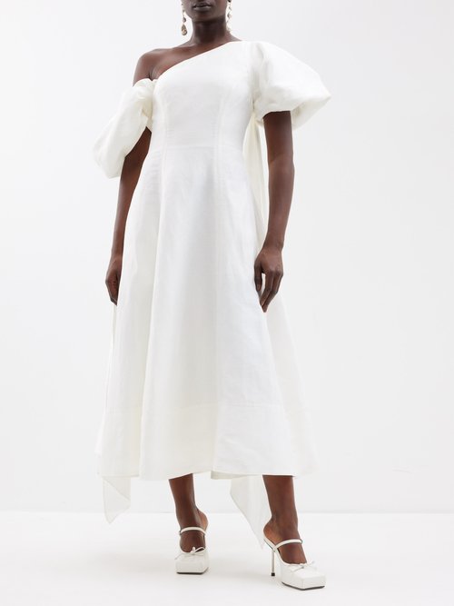 Aje - Arista Puff-sleeve Linen-blend Midi Dress - Womens - Ivory