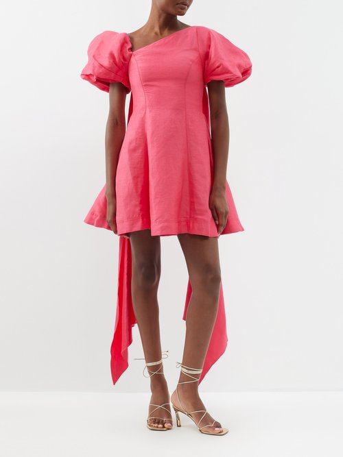 Aje - Arista Puff-sleeve Linen-blend Mini Dress - Womens - Red